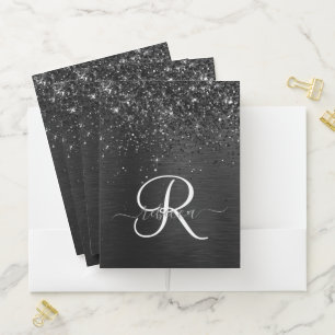 Custom Black Glitter Sparkle Monogram Pocket Folder