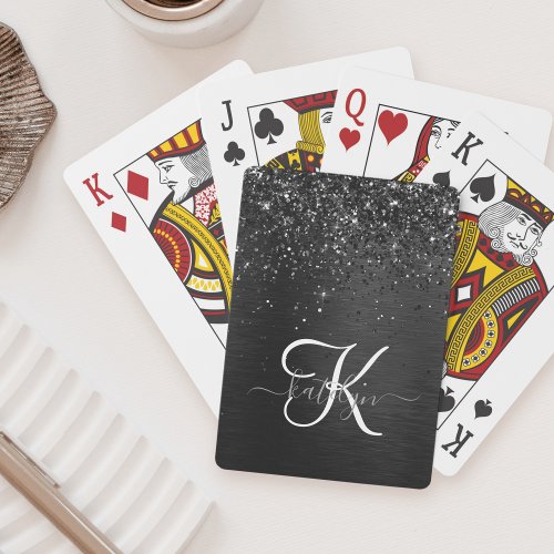 Custom Black Glitter Sparkle Monogram Poker Cards