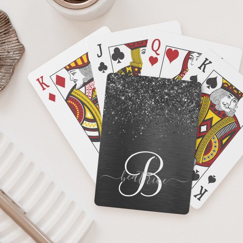 Custom Black Glitter Sparkle Monogram Poker Cards