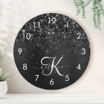 Custom Black Glitter Sparkle Monogram Round Clock<br><div class="desc">Easily personalize this trendy elegant round clock design featuring pretty black sparkling glitter on a black brushed metallic background.</div>