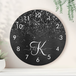Custom Black Glitter Sparkle Monogram Round Clock