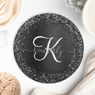 Custom Black Glitter Sparkle Monogram Round Paper Coaster