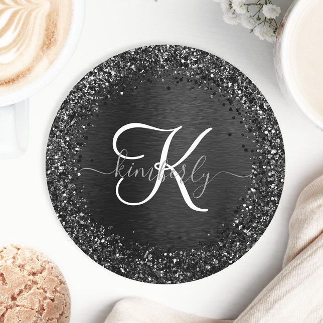 Custom Black Glitter Sparkle Monogram Round Paper Coaster (Creator Uploaded)