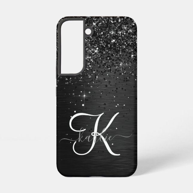Custom Black Glitter Sparkle Monogram Samsung Galaxy Case (Back)