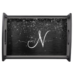Custom Black Glitter Sparkle Monogram Serving Tray