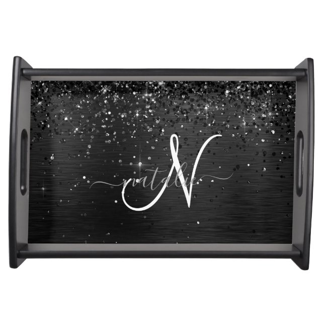 Custom Black Glitter Sparkle Monogram Serving Tray (Front)