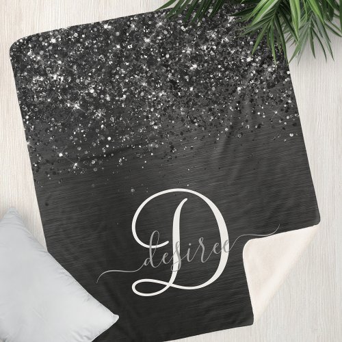 Custom Black Glitter Sparkle Monogram Sherpa Blanket