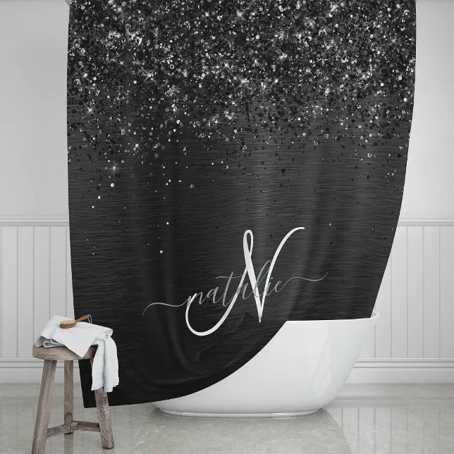 Custom Black Glitter Sparkle Monogram Shower Curtain | Zazzle