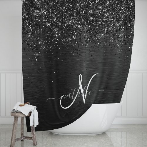 Custom Black Glitter Sparkle Monogram Shower Curtain