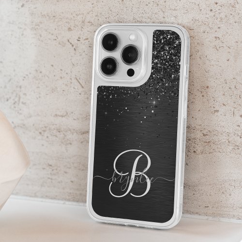 Custom Black Glitter Sparkle Monogram iPhone 15 Pro Case