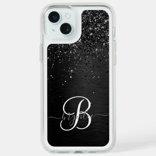  Custom Black Glitter Sparkle Monogram iPhone 15 Plus Case