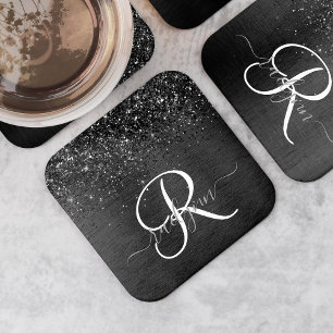Custom Black Glitter Sparkle Monogram Square Paper Coaster
