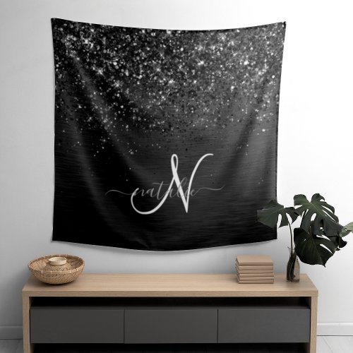 Custom Black Glitter Sparkle Monogram Tapestry