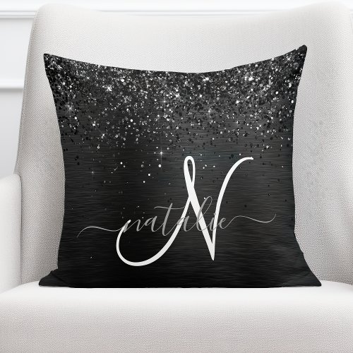 Custom Black Glitter Sparkle Monogram Throw Pillow