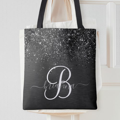 Custom Black Glitter Sparkle Monogram Tote Bag