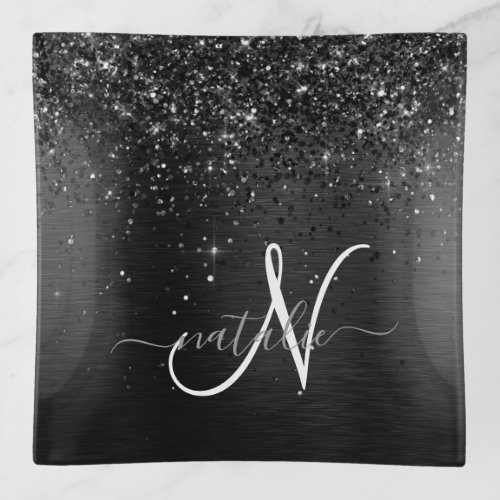 Custom Black Glitter Sparkle Monogram Trinket Tray