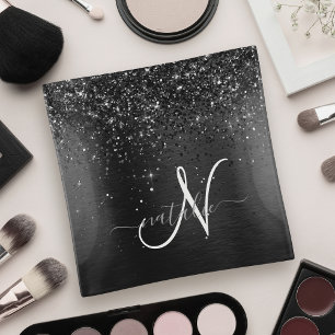 Custom Black Glitter Sparkle Monogram Trinket Tray
