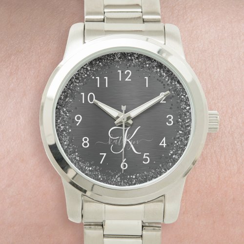 Custom Black Glitter Sparkle Monogram Watch