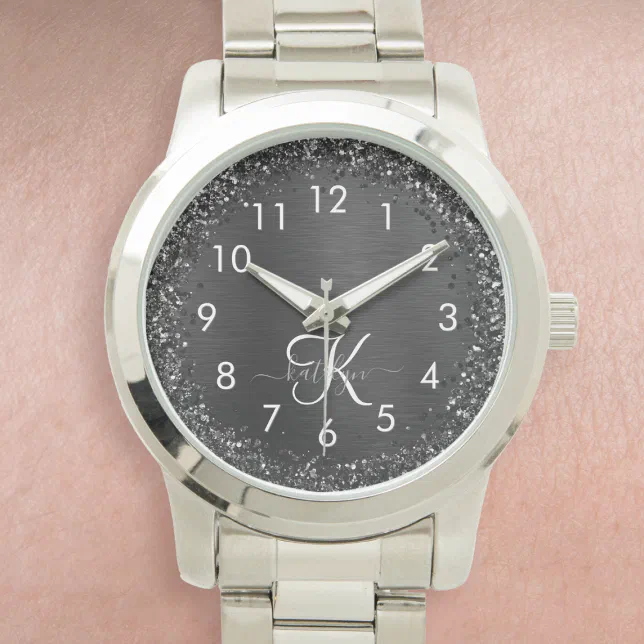 Custom Black Glitter Sparkle Monogram Watch | Zazzle