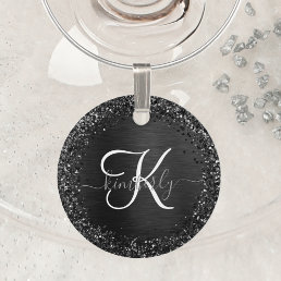 Custom Black Glitter Sparkle Monogram Wine Charm