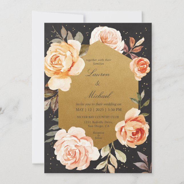 Custom Black Gold and Roses Peach Flowers Wedding Invitation (Front)