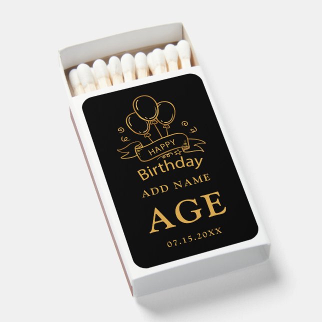 Custom Black & Gold Birthday Favor Matchboxes (Front Open)