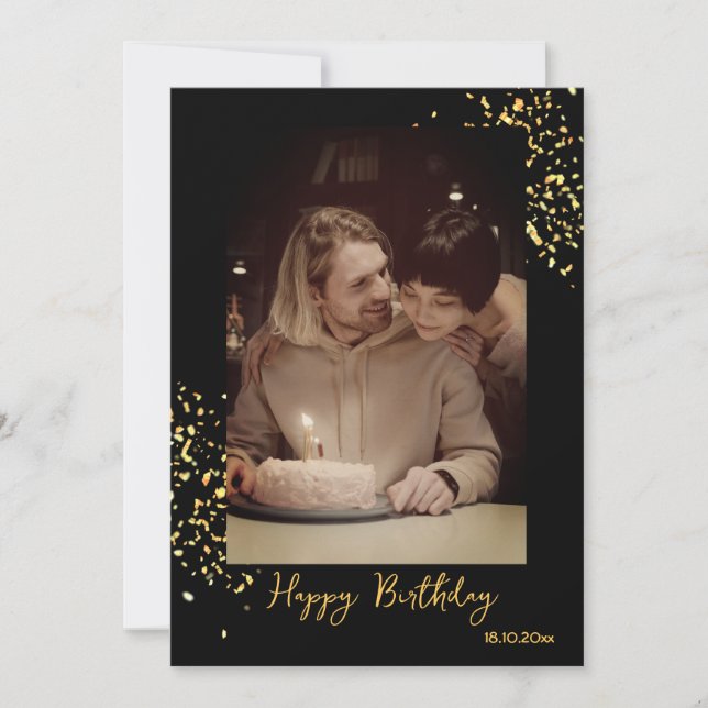 Custom black-gold birthday photo Holiday Card (Front)