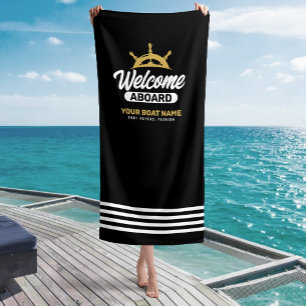  Custom Black & Gold Boat Name Welcome Aboard Beach Towel