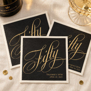 Custom Black Gold Calligraphy Script 50th Birthday Napkins