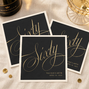 Custom Black Gold Calligraphy Script 60th Birthday Napkins