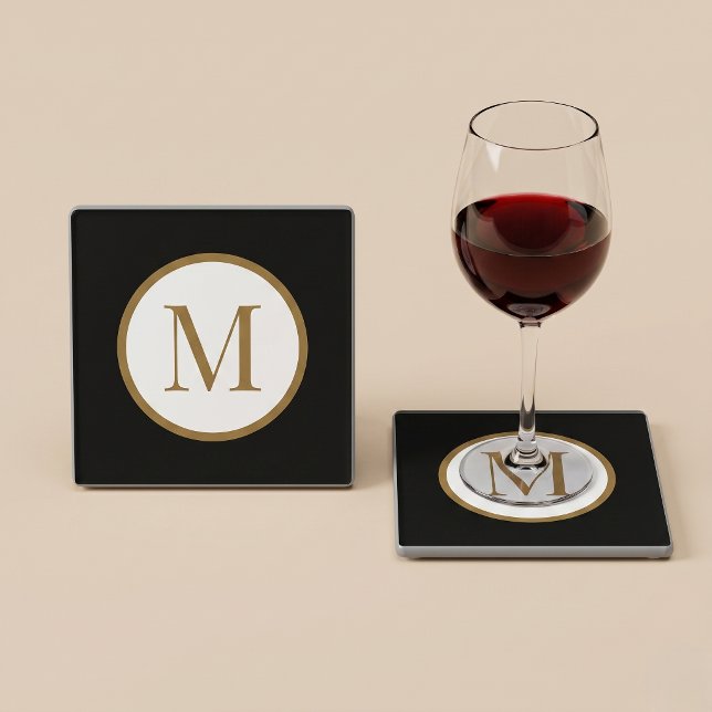 Custom Black & Gold Center Seal Monogram Glass Coaster (Creator Uploaded)