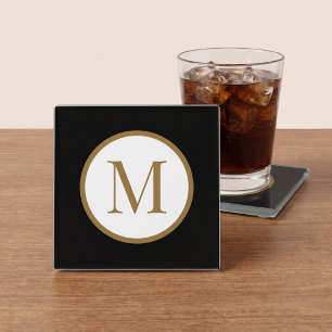 Custom Black & Gold Center Seal Monogram Glass Coaster