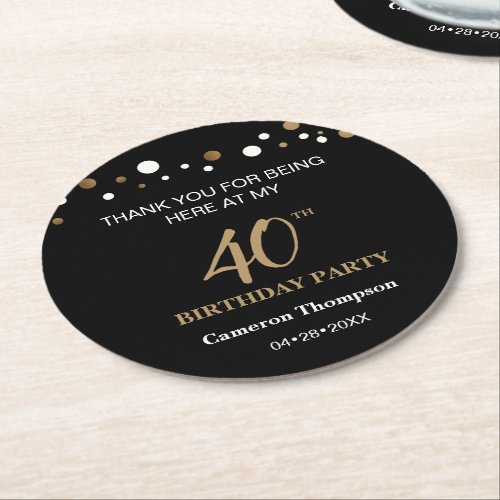 Custom Black Gold Confetti 40th Birthday Party Round Paper Coaster