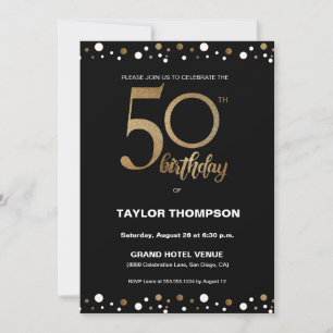 Custom Black Gold Confetti Classic 50th Party Invitation