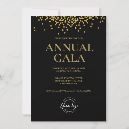 Custom Black Gold confetti logo Gala corporate Invitation