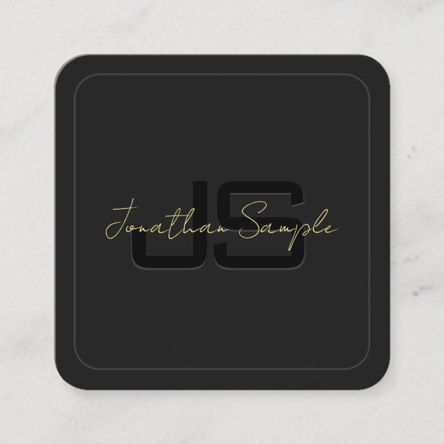 Custom Black & Gold Elegant Monogram Initial Square Business Card (Front)