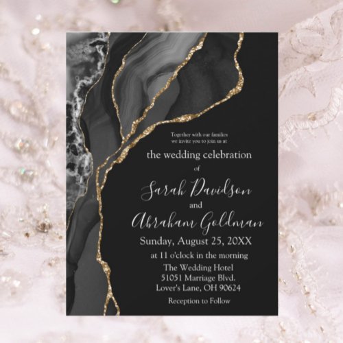 Custom Black Gold Foil Agate Wedding Invitations