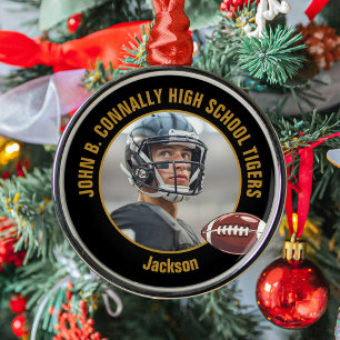 Custom Black Gold Football Player Photo Christmas Metal Ornament