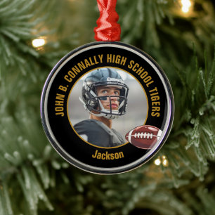 Custom Black Gold Football Player Photo Christmas Metal Ornament
