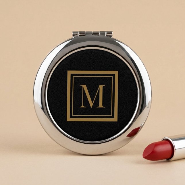 Custom Black & Gold Framed Monogram Compact Mirror (Creator Uploaded)