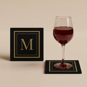 Custom Black & Gold Framed Monogram Glass Coaster