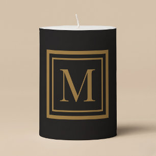 Custom Black & Gold Framed Monogram Pillar Candle
