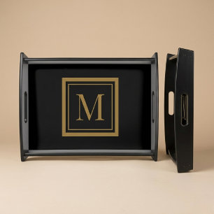 Custom Black & Gold Framed Monogram Serving Tray