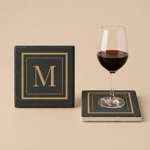 Custom Black & Gold Framed Monogram Stone Coaster
