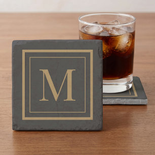 Custom Black & Gold Framed Monogram Stone Coaster