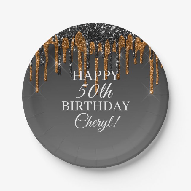 Custom Black & Gold Glitter Drip Happy Birthday Paper Plates (Front)
