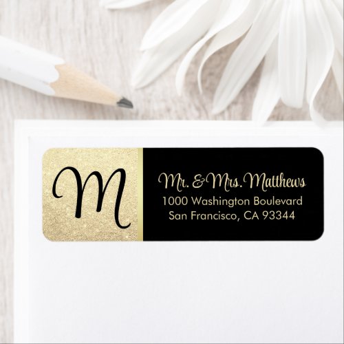 Custom Black Gold Glitter Monogram Letter Return L Label