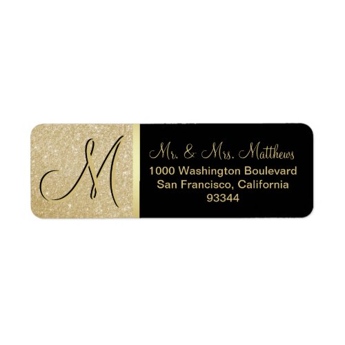 Custom Black Gold Glitter Monogram Letter Return Label