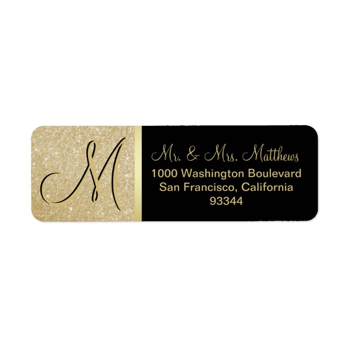 Custom Black Gold Glitter Monogram Letter Return Label Zazzle Com