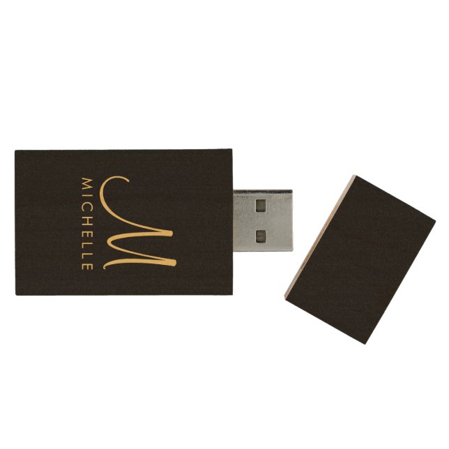 Custom Black & Gold Handwritten Monogram Name Wood Flash Drive (Opened)